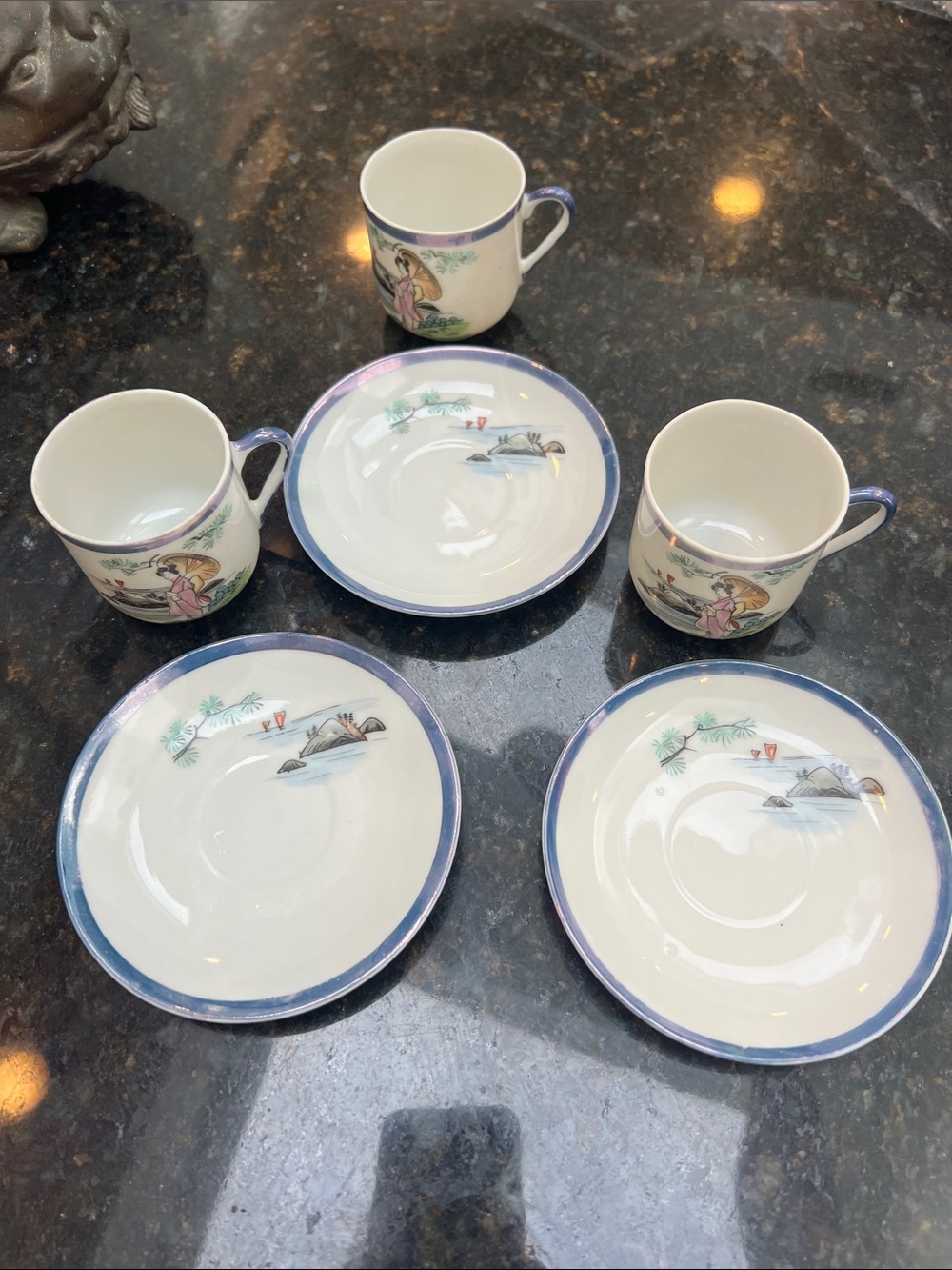 Classic Ceramic Tea Cup and Saucer Set in Blue Trim
